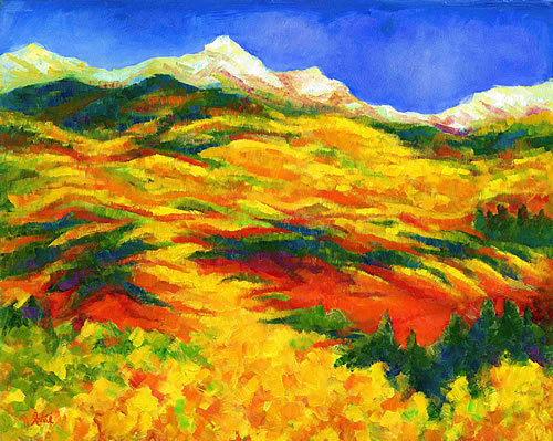 Katiel's Aspen Flow. Beautiful abstract mountain landscape painting.  Copyright 2004. Katiel.  All rights reserved.